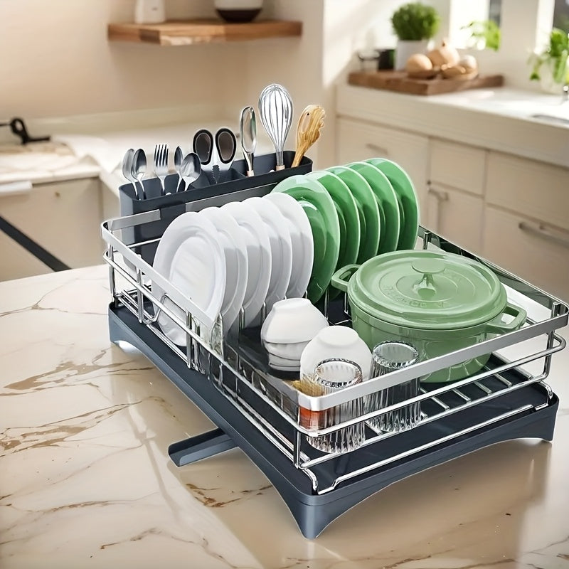 1P Dish Rack, 304 Stainless Steel Dish Drying Rack - with Automatic Drainage Board And Utensil Storage Box