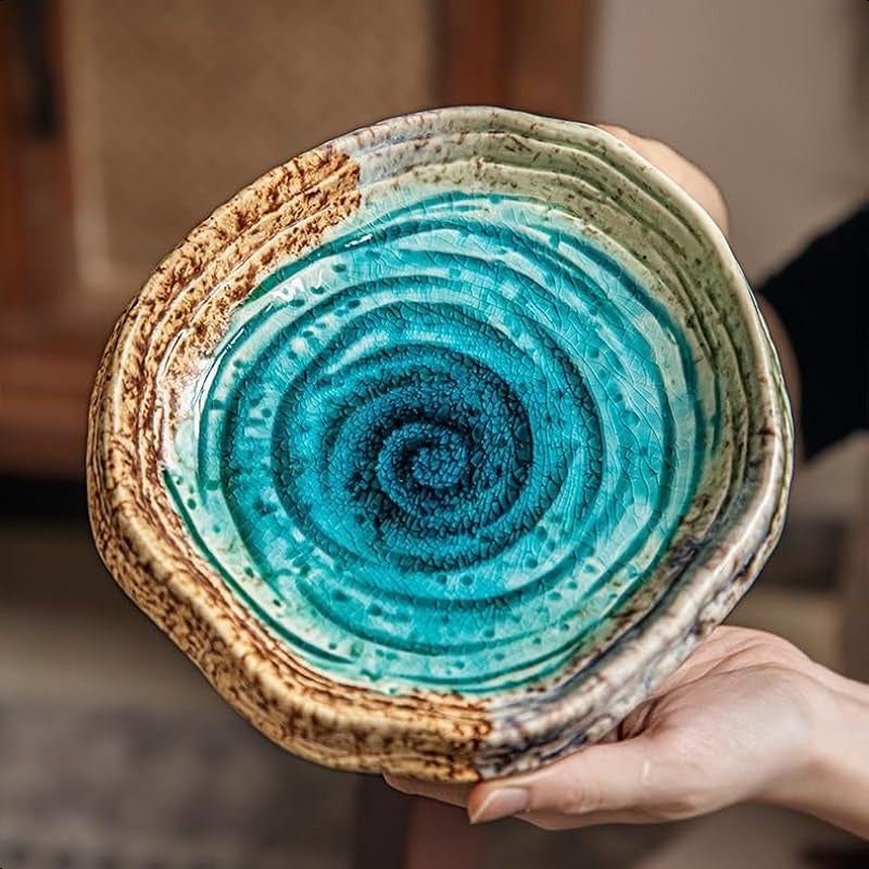 1pc SpecialShaped Ceramic Plate with Green Ice Crack Glaze & Spiral Design - Heavy-Duty Textured Rectangular Serving Tray for Dining Table, Coffee Table