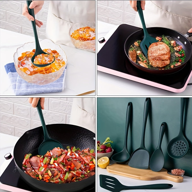 5pcs Silicone Kitchen Utensil Set, Including 5 Green Non-Stick Silicone Cooking Tools: Heat-Resistant Spatula, Soup Ladle, Slotted Spoon, Solid Spoon, And Rice Paddle. Suitable for Home Cooking And Outdoor Camping, Dishwasher-Safe. Father Gift