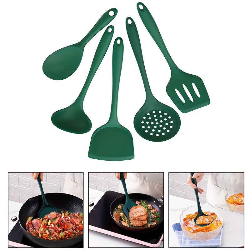 5pcs Silicone Kitchen Utensil Set, Including 5 Green Non-Stick Silicone Cooking Tools: Heat-Resistant Spatula, Soup Ladle, Slotted Spoon, Solid Spoon, And Rice Paddle. Suitable for Home Cooking And Outdoor Camping, Dishwasher-Safe. Father Gift