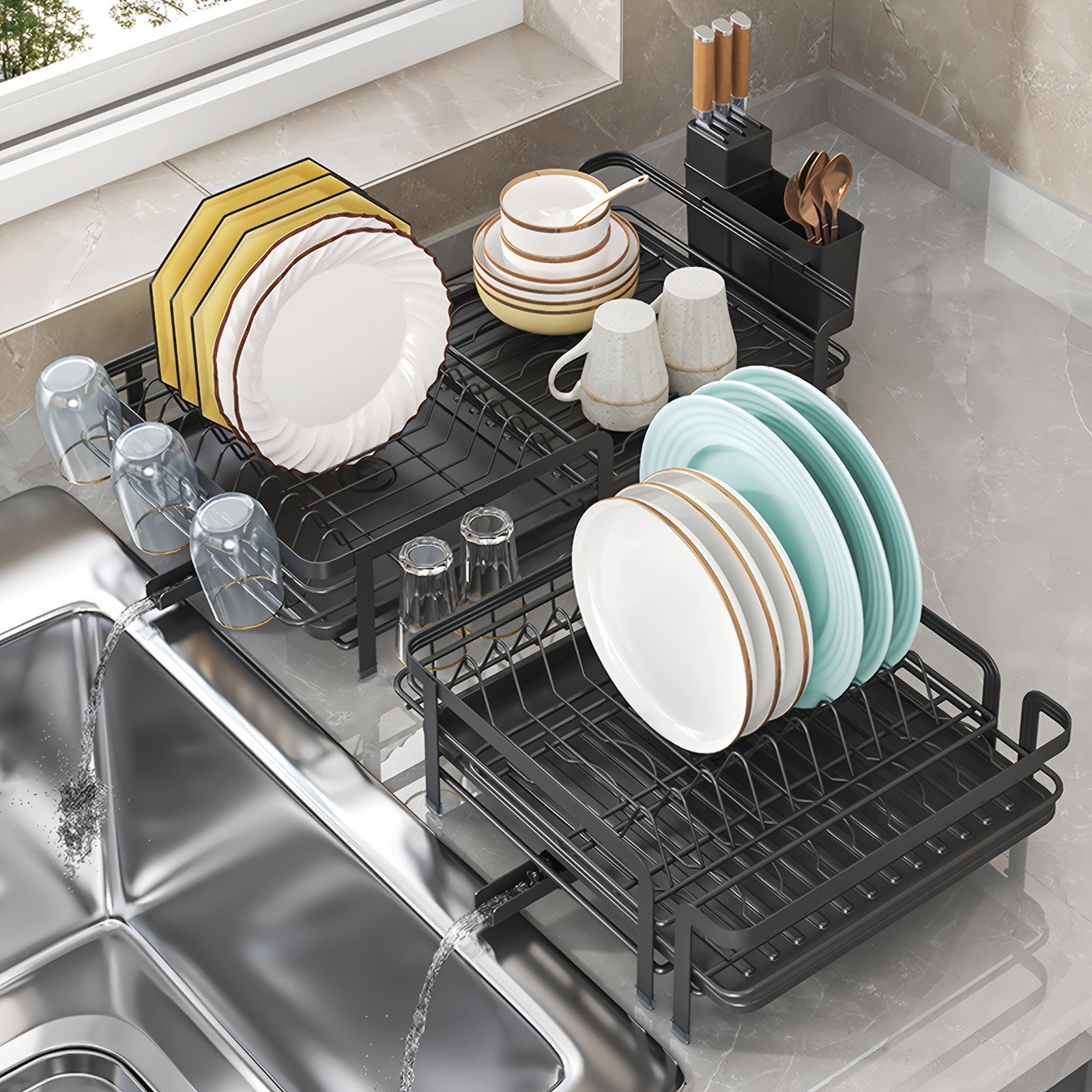 [1pc Adjustable Dish Drying Rack] 1pc Multifunctional Adjustable Metal and Plastic Dish Drying Rack with Swivel Drain Pipe