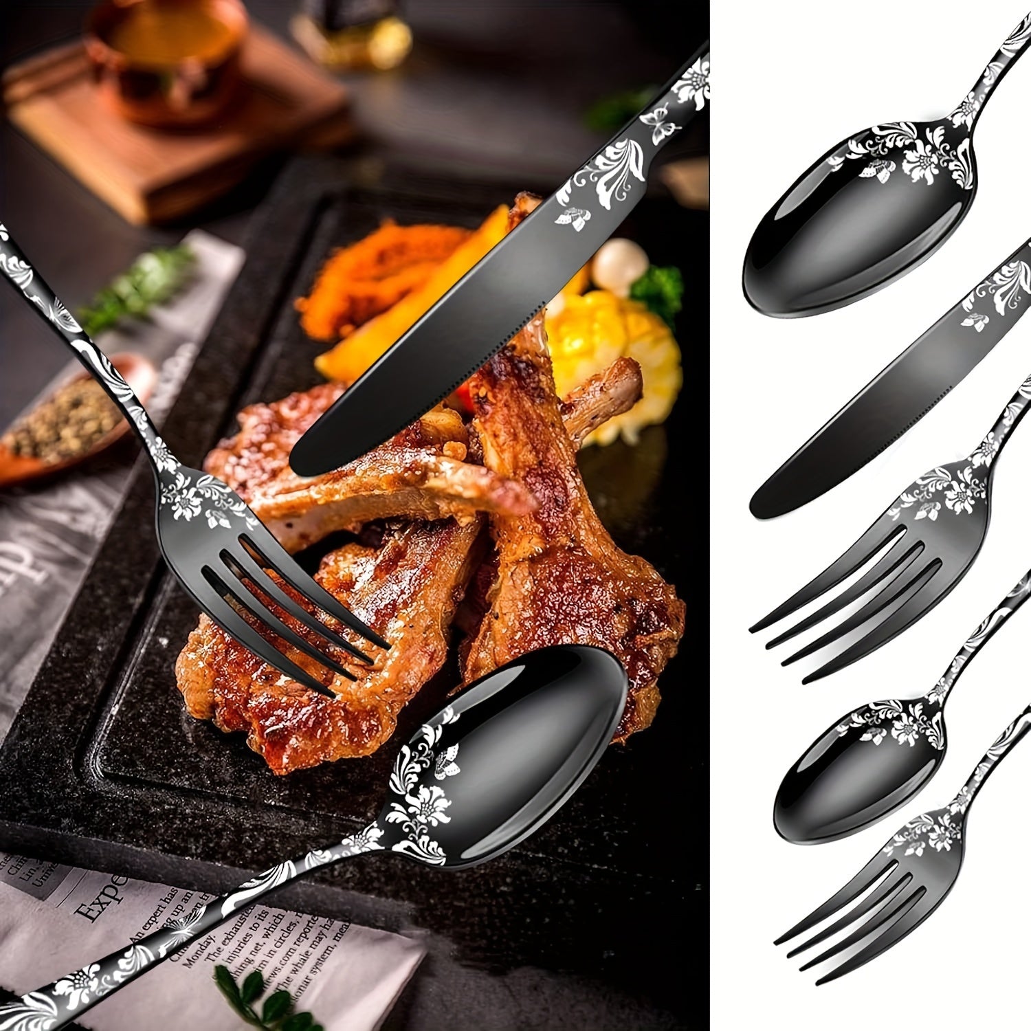 5/ 20pcs Christmas Black Stainless Steel Cutlery Set with Silver Pattern, Includes Steak Knife, Evening Fork