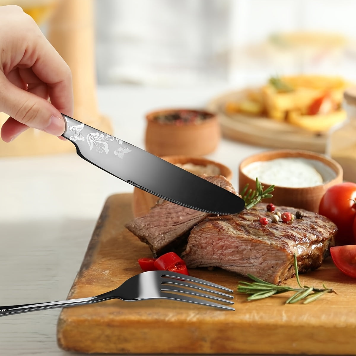 5/ 20pcs Christmas Black Stainless Steel Cutlery Set with Silver Pattern, Includes Steak Knife, Evening Fork
